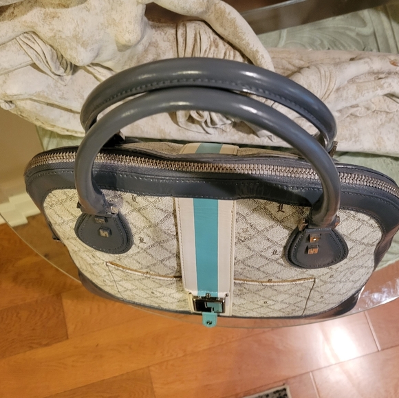 L.A.M.B. by Gwen Stefani Kingston Shadow Bowler Bag Leather Blue Stripe #427 - Picture 5 of 17